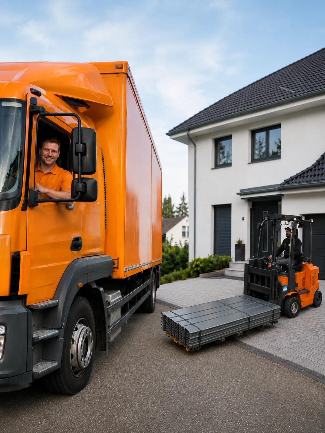 heinl-LKW mit Mitnahmestapler bei der Anlieferung